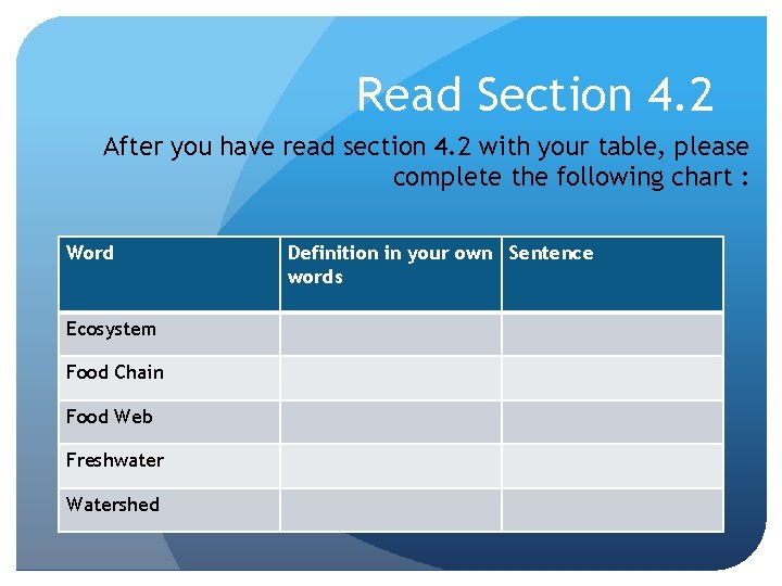 Read Section 4. 2 After you have read section 4. 2 with your table,
