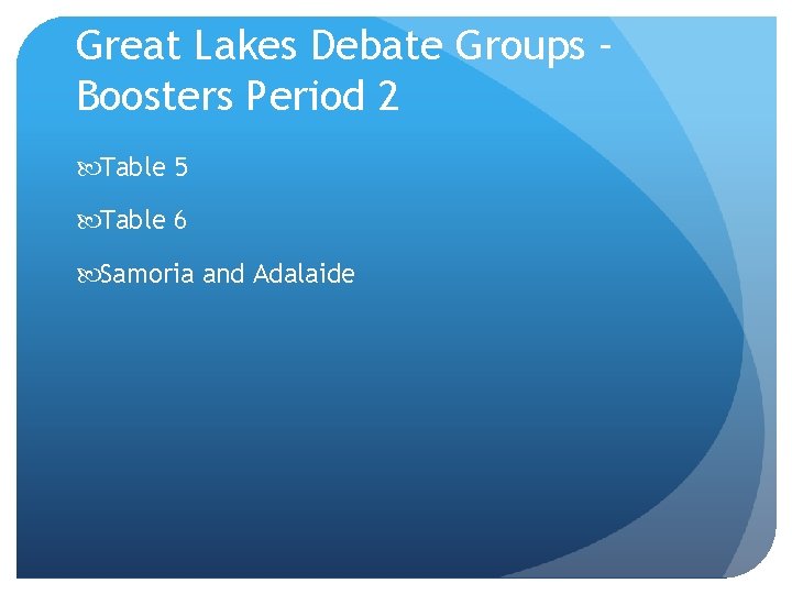 Great Lakes Debate Groups – Boosters Period 2 Table 5 Table 6 Samoria and