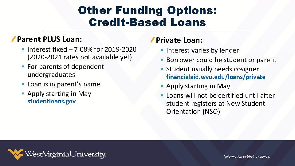 Other Funding Options: Credit-Based Loans Parent PLUS Loan: • Interest fixed – 7. 08%