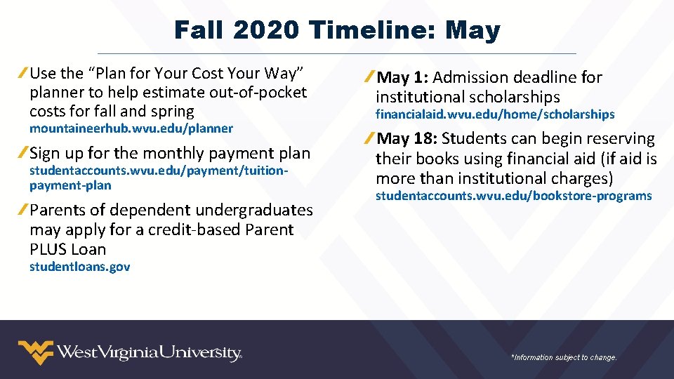 Fall 2020 Timeline: May Use the “Plan for Your Cost Your Way” planner to