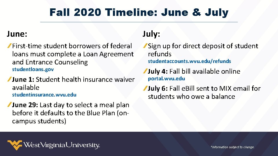 Fall 2020 Timeline: June & July June: July: First-time student borrowers of federal loans