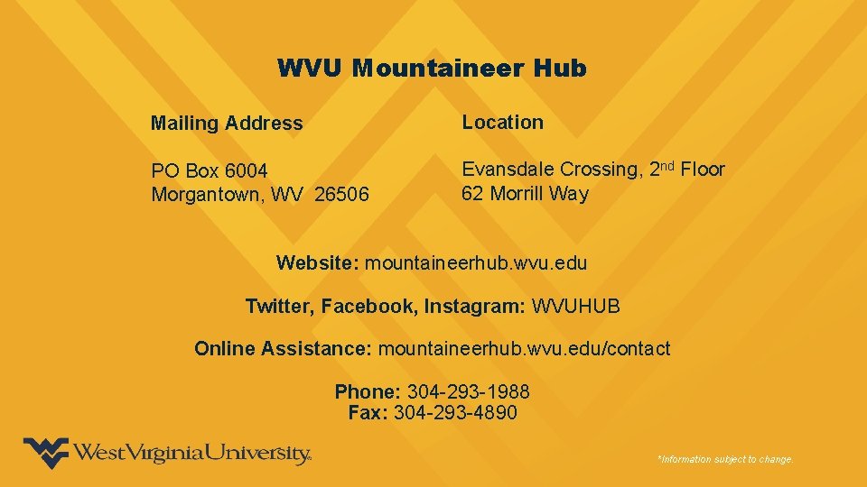 WVU Mountaineer Hub Mailing Address Location PO Box 6004 Morgantown, WV 26506 Evansdale Crossing,