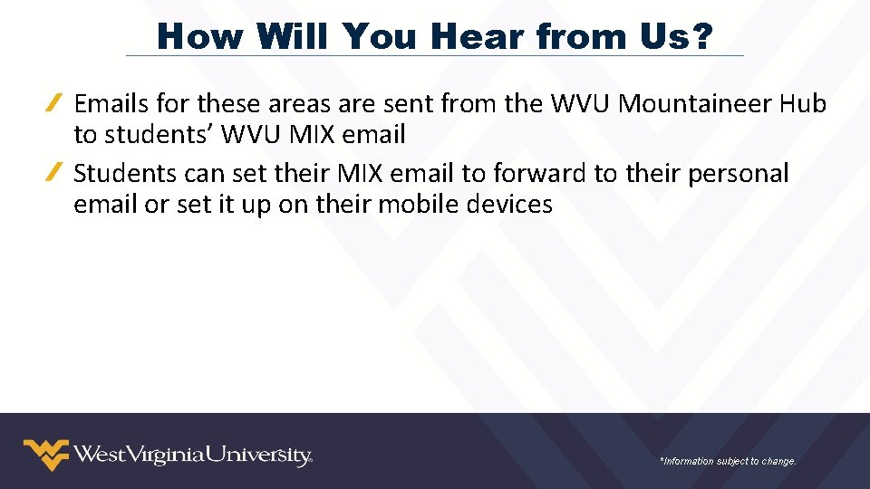 How Will You Hear from Us? Emails for these areas are sent from the