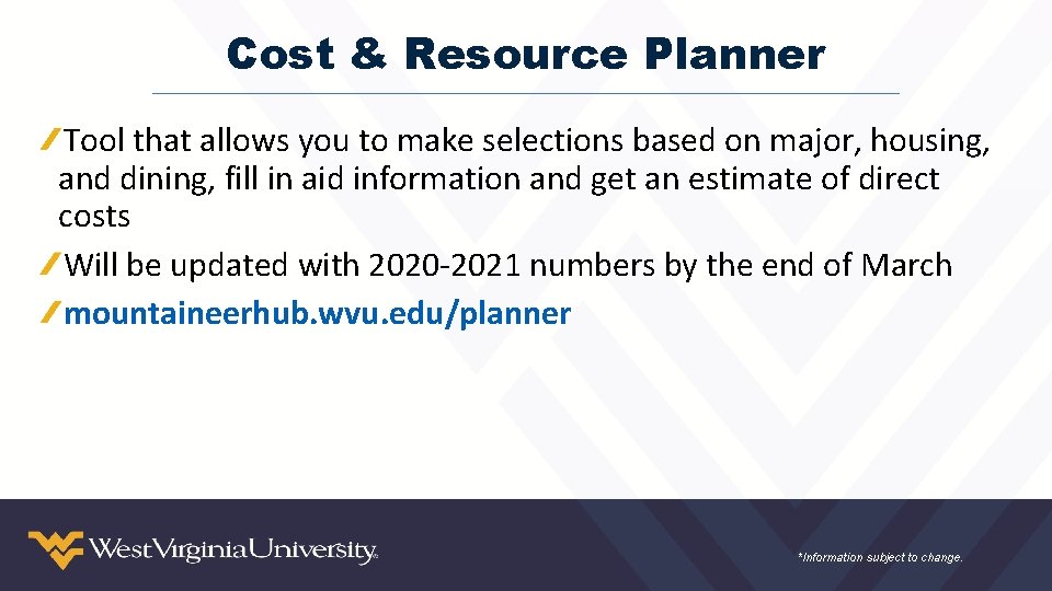 Cost & Resource Planner Tool that allows you to make selections based on major,