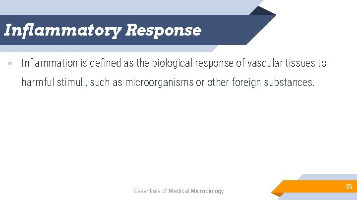 Inflammatory Response ▰ Inflammation is defined as the biological response of vascular tissues to