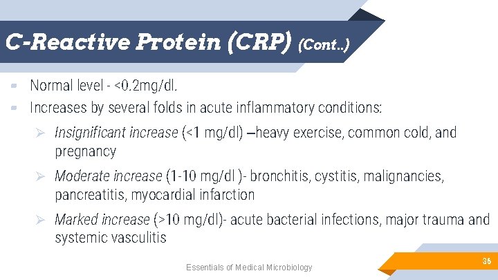 C-Reactive Protein (CRP) (Cont. . ) ▰ Normal level - <0. 2 mg/dl. ▰