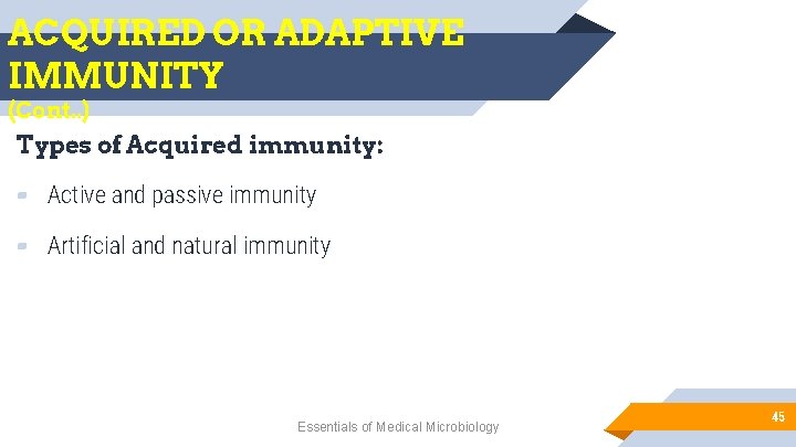 ACQUIRED OR ADAPTIVE IMMUNITY (Cont. . ) Types of Acquired immunity: ▰ Active and