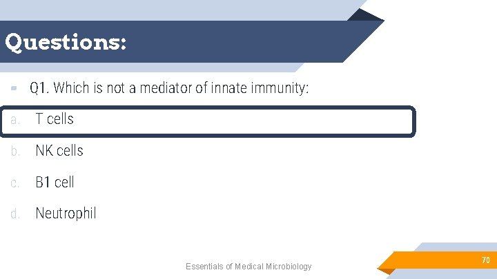 Questions: ▰ Q 1. Which is not a mediator of innate immunity: a. T