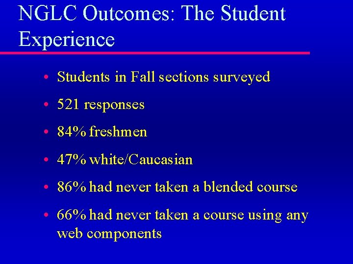 NGLC Outcomes: The Student Experience • Students in Fall sections surveyed • 521 responses