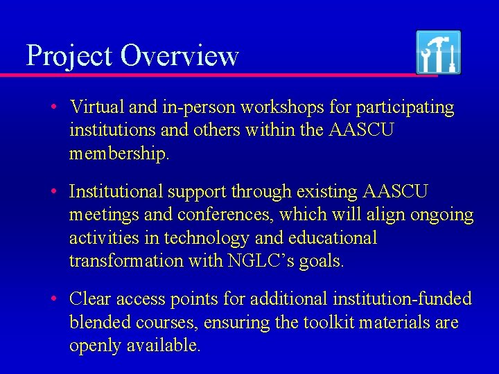 Project Overview • Virtual and in-person workshops for participating institutions and others within the