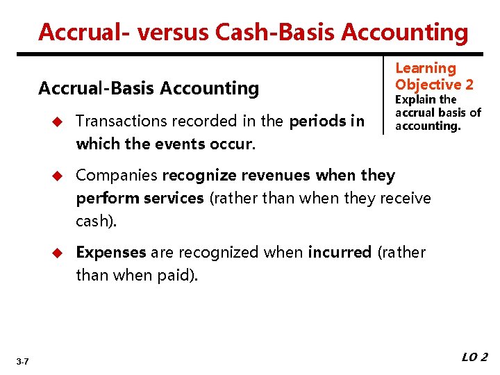Accrual- versus Cash-Basis Accounting Accrual-Basis Accounting 3 -7 Learning Objective 2 Explain the accrual