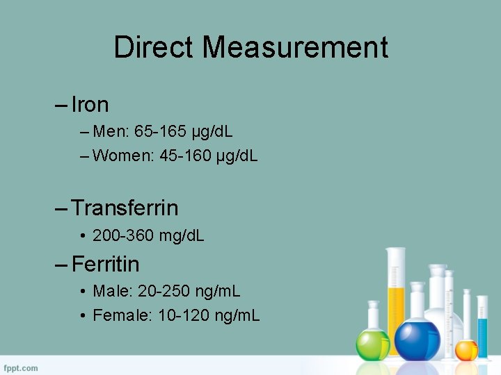 Direct Measurement – Iron – Men: 65 -165 µg/d. L – Women: 45 -160