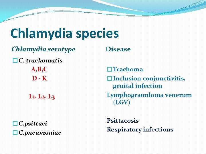 Chlamydia species Chlamydia serotype �C. trachomatis A, B, C D-K L 1, L 2,