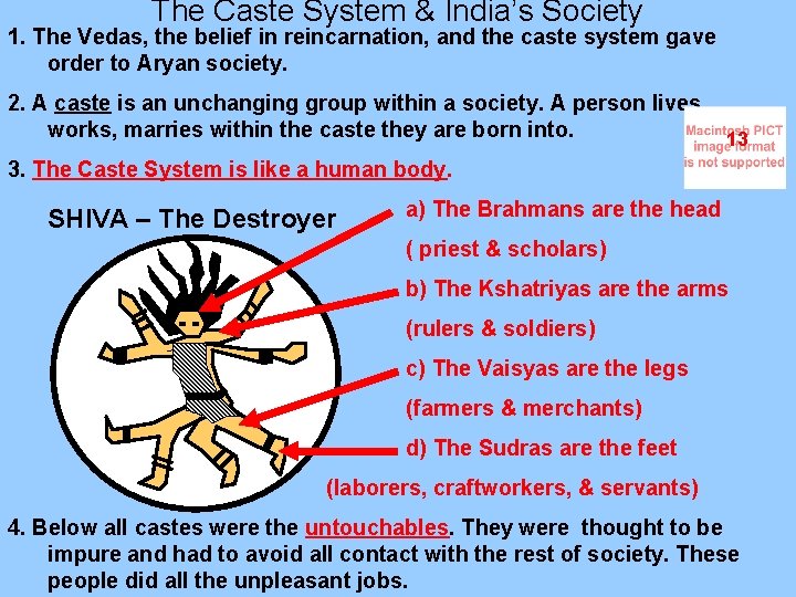 The Caste System & India’s Society 1. The Vedas, the belief in reincarnation, and