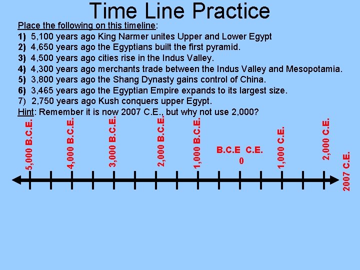 Time Line Practice Place the following on this timeline: 2007 C. E. 2, 000