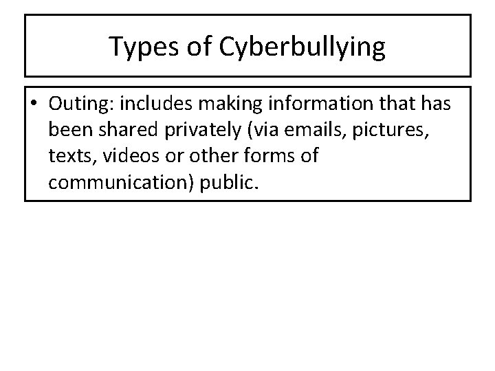 Types of Cyberbullying • Outing: includes making information that has been shared privately (via Types of Cyberbullying • Outing: includes making information that has been shared privately (via