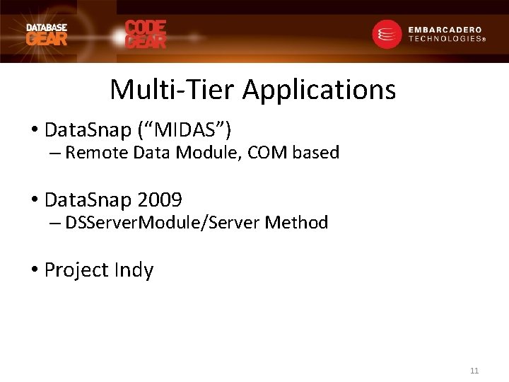 Multi-Tier Applications • Data. Snap (“MIDAS”) – Remote Data Module, COM based • Data.