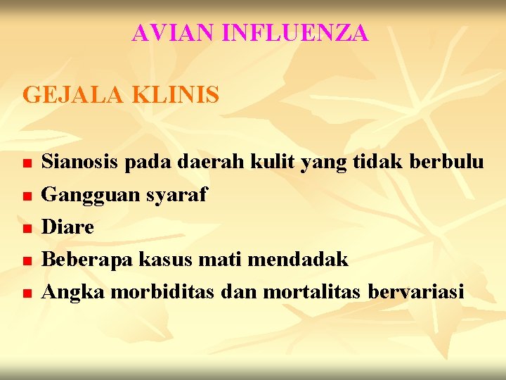 AVIAN INFLUENZA GEJALA KLINIS n n n Sianosis pada daerah kulit yang tidak berbulu