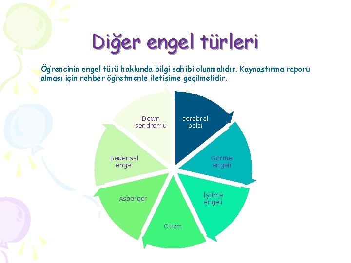 Diğer engel türleri Öğrencinin engel türü hakkında bilgi sahibi olunmalıdır. Kaynaştırma raporu alması için