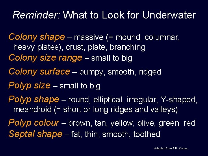 Reminder: What to Look for Underwater Colony shape – massive (= mound, columnar, heavy