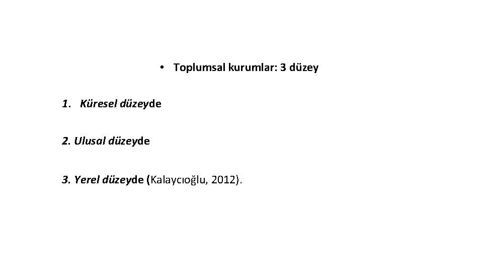  • Toplumsal kurumlar: 3 düzey 1. Küresel düzeyde 2. Ulusal düzeyde 3. Yerel