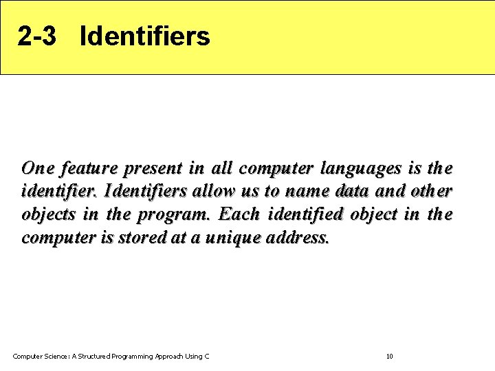 2 -3 Identifiers One feature present in all computer languages is the identifier. Identifiers