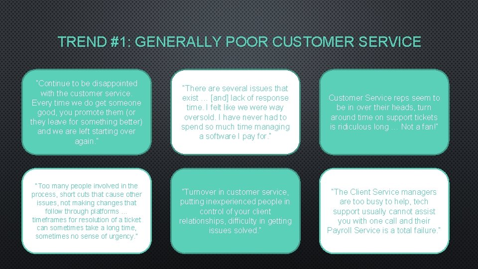 TREND #1: GENERALLY POOR CUSTOMER SERVICE ”Continue to be disappointed with the customer service.