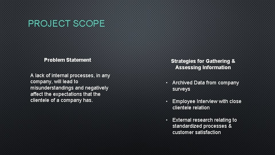 PROJECT SCOPE Problem Statement A lack of internal processes, in any company, will lead