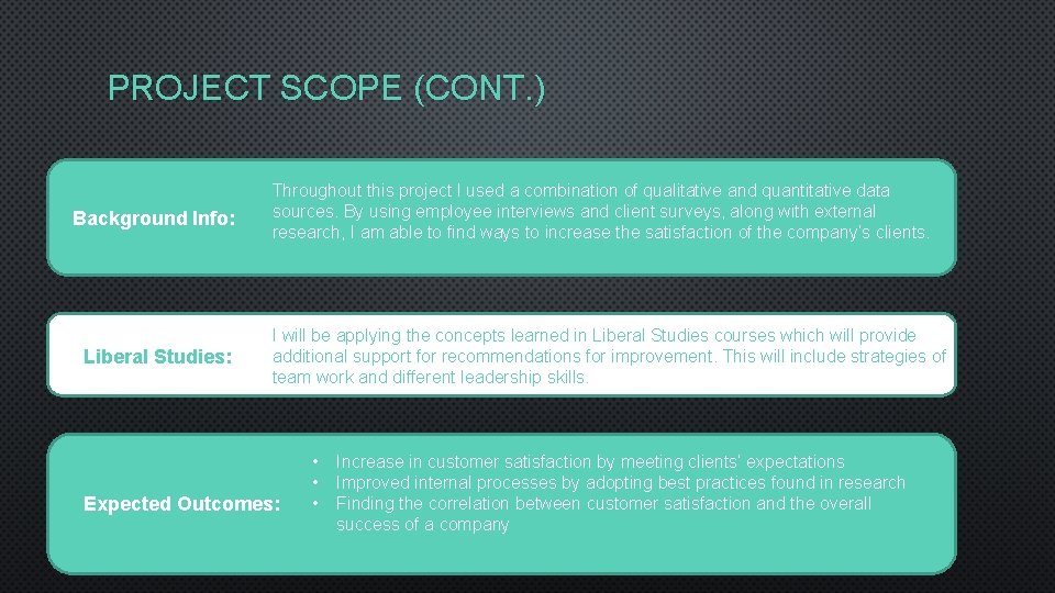 PROJECT SCOPE (CONT. ) Background Info: Liberal Studies: Throughout this project I used a