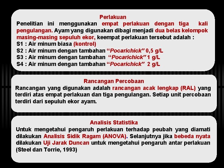 Perlakuan Penelitian ini menggunakan empat perlakuan dengan tiga kali pengulangan. Ayam yang digunakan dibagi