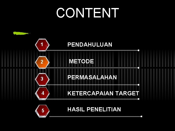 CONTENT 1 PENDAHULUAN 2 METODE 3 PERMASALAHAN 4 KETERCAPAIAN TARGET 5 HASIL PENELITIAN 4