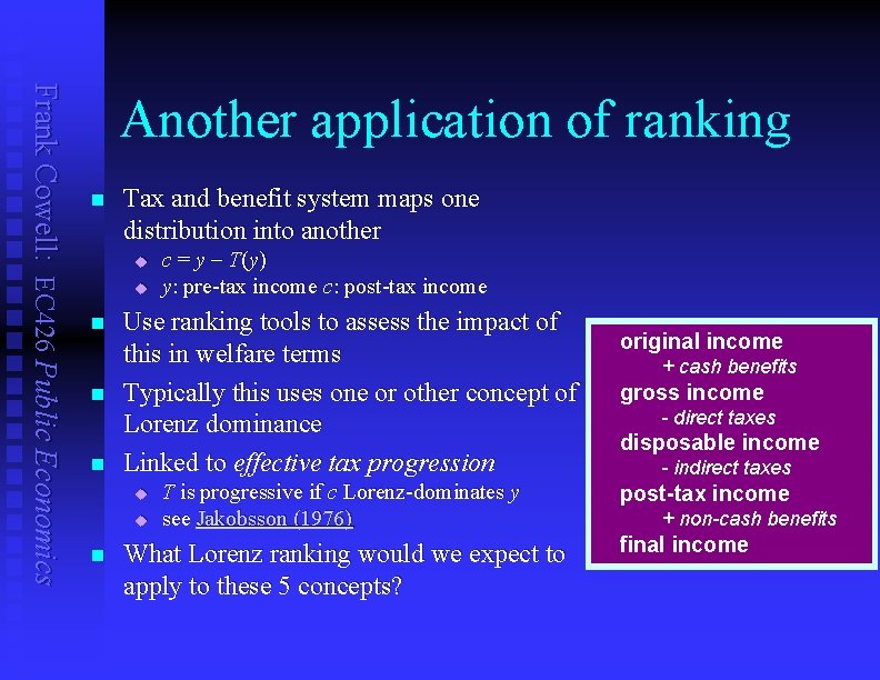 Frank Cowell: EC 426 Public Economics Another application of ranking n Tax and benefit