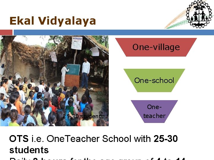 Ekal Vidyalaya One-village One-school 25 -30 students Oneteacher OTS i. e. One. Teacher School