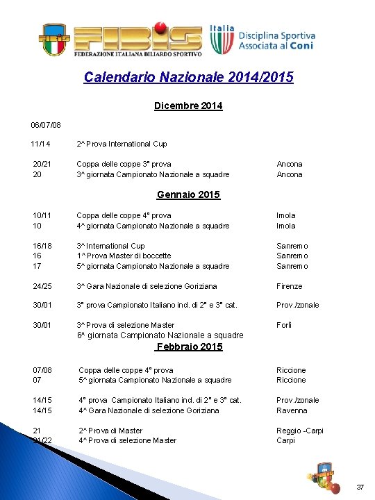 Calendario Nazionale 2014/2015 Dicembre 2014 06/07/08 11/14 2^ Prova International Cup 20/21 20 Coppa