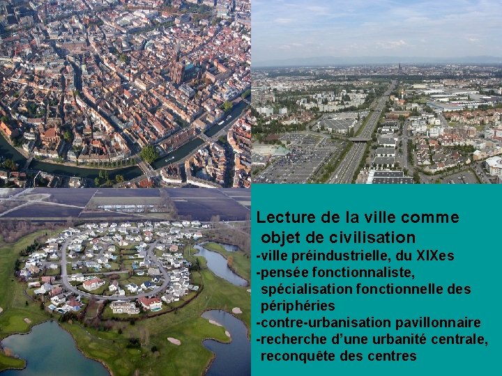 Lecture de la ville comme objet de civilisation -ville préindustrielle, du XIXes -pensée fonctionnaliste,