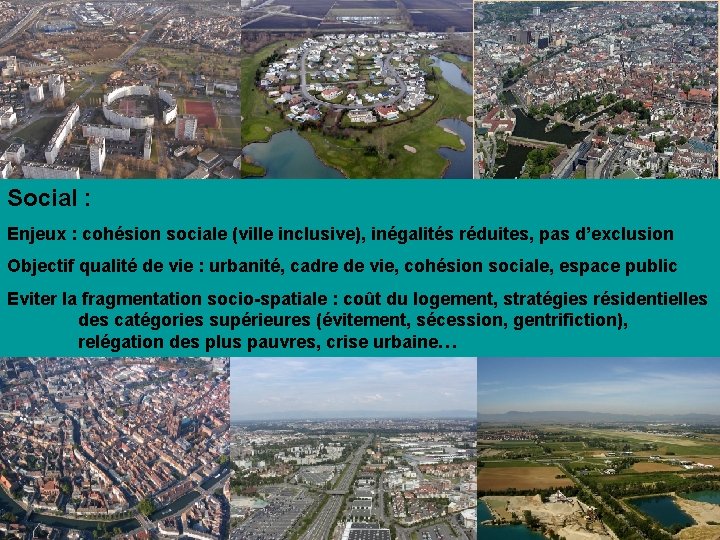 Social : Enjeux : cohésion sociale (ville inclusive), inégalités réduites, pas d’exclusion Objectif qualité