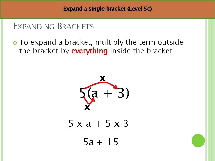 Expand a single bracket (Level 5 c) EXPANDING BRACKETS To expand a bracket, multiply