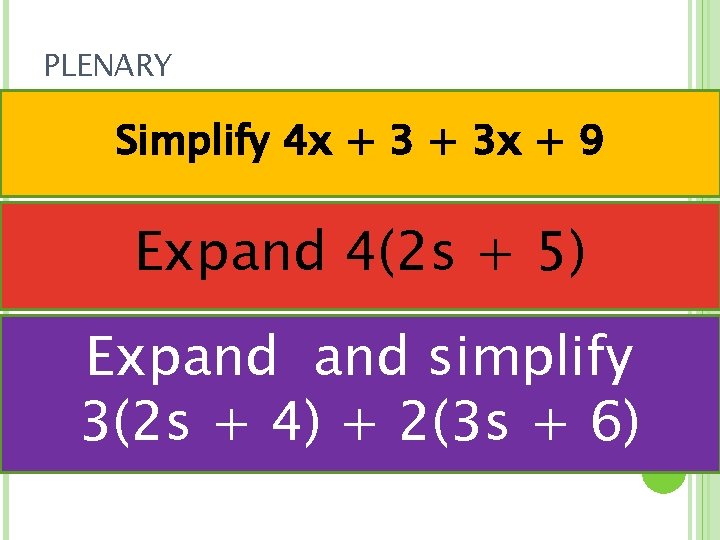 PLENARY Simplify 4 x + 3 x + 9 Expand 4(2 s + 5)