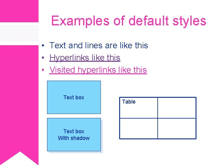 Examples of default styles • Text and lines are like this • Hyperlinks like