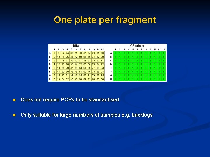 One plate per fragment n Does not require PCRs to be standardised n Only