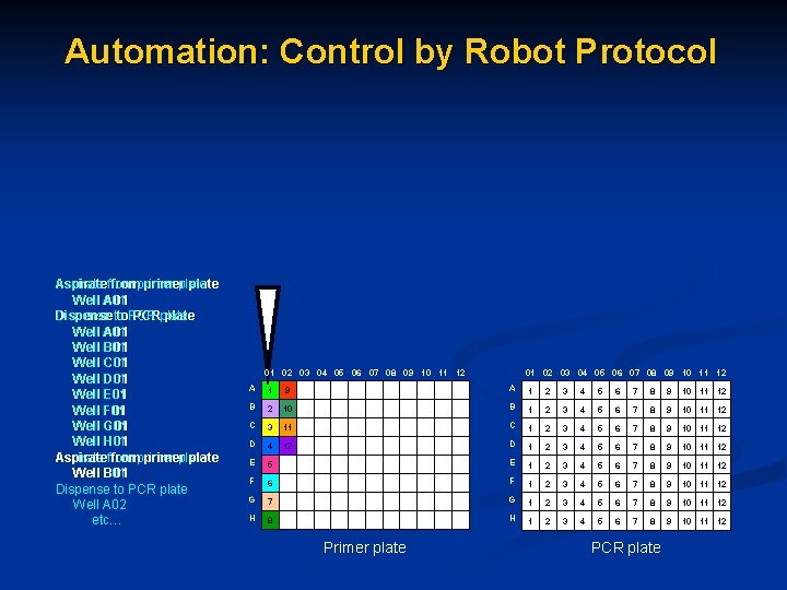Automation: Control by Robot Protocol Aspiratefrom Aspirate fromprimer plate Well A 01 Dispenseto Dispense