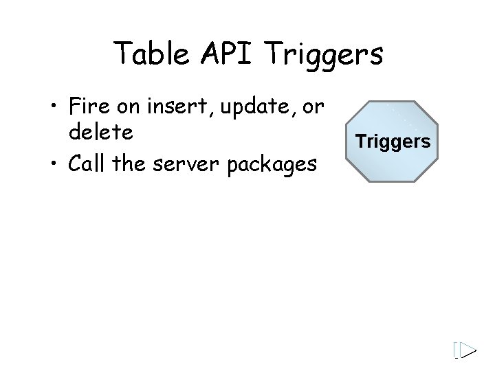 Table API Triggers • Fire on insert, update, or delete • Call the server