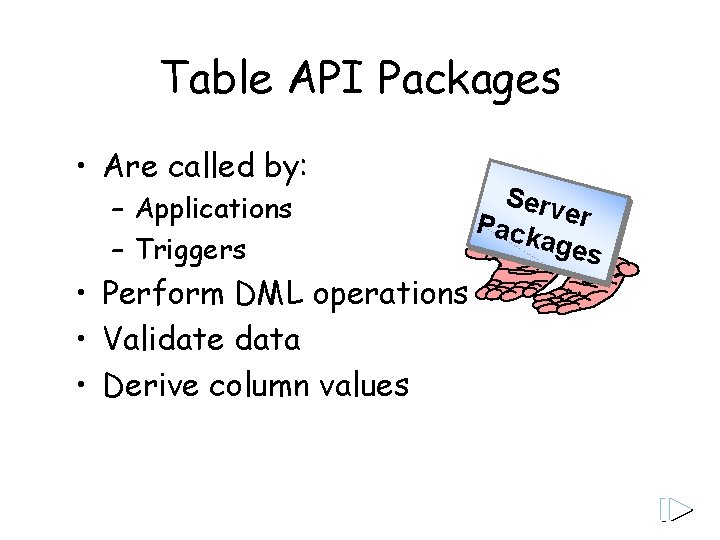 Table API Packages • Are called by: – Applications – Triggers • Perform DML