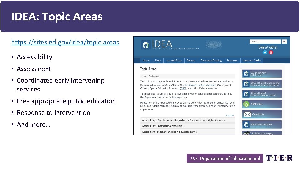 IDEA: Topic Areas https: //sites. ed. gov/idea/topic-areas • Accessibility • Assessment • Coordinated early