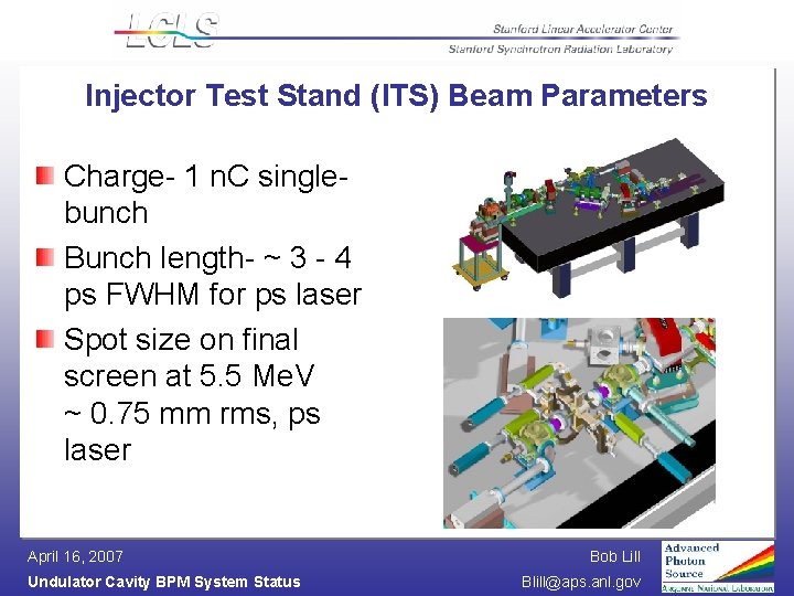 Injector Test Stand (ITS) Beam Parameters Charge- 1 n. C singlebunch Bunch length- ~