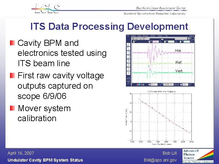 ITS Data Processing Development Cavity BPM and electronics tested using ITS beam line First