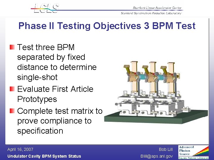 Phase II Testing Objectives 3 BPM Test three BPM separated by fixed distance to
