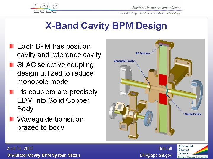 X-Band Cavity BPM Design Each BPM has position cavity and reference cavity SLAC selective