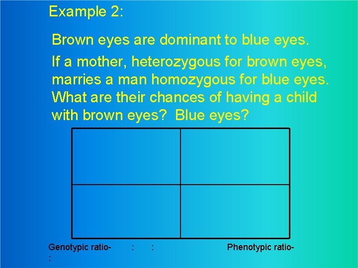 Example 2: Brown eyes are dominant to blue eyes. If a mother, heterozygous for