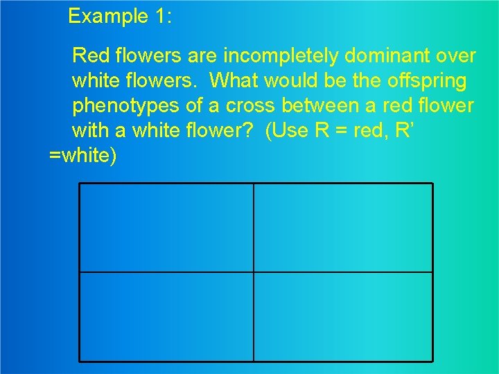 Example 1: Red flowers are incompletely dominant over white flowers. What would be the